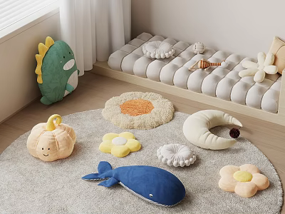 Cute Shaped Pillows Dinosaur Pumpkin Flower Whale On Carpet With Padded Bench 3d model