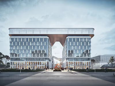 Twin Modern Office Building With Glass Facade And Central Archway Design 3d model