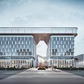 Twin Modern Office Building With Glass Facade And Central Archway Design
