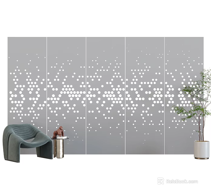 Modern Interior With Gray Partition Screen Featuring White Geometric Dot Pattern And Green Potted Plant 3d model
