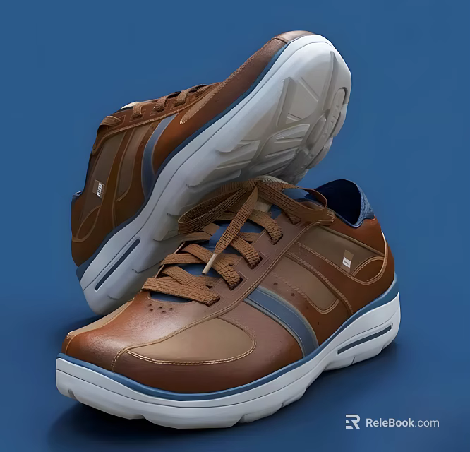 Brown Leather Casual Shoes With Blue Stripes And White Sole Design 3d model 