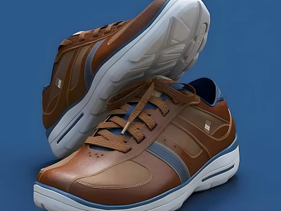 Brown Leather Casual Shoes With Blue Stripes And White Sole Design 3d model