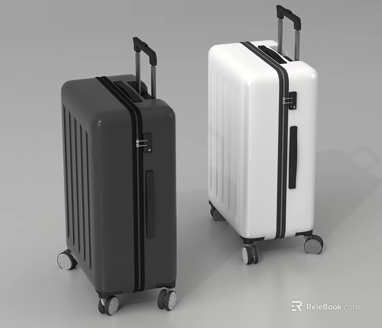 Two Modern Black and White Suitcases with Retractable Handles and Rolling Wheels 3d model