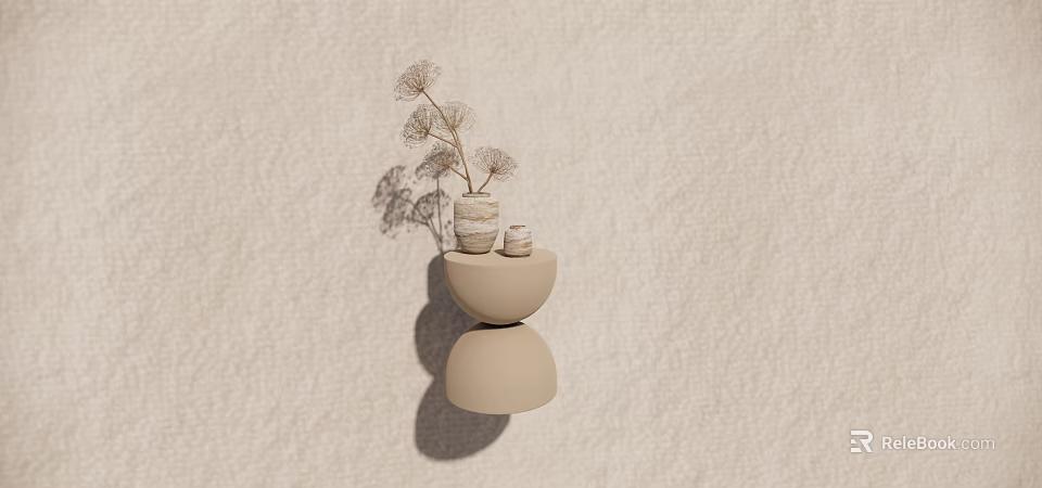 Beige Minimalist Modern Side Table With Round Stacked Design And Dried Flowers Vase 3d model 