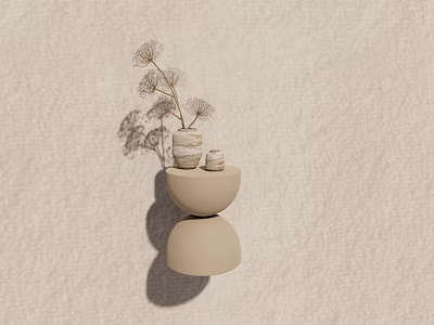 Beige Minimalist Modern Side Table With Round Stacked Design And Dried Flowers Vase 3d model