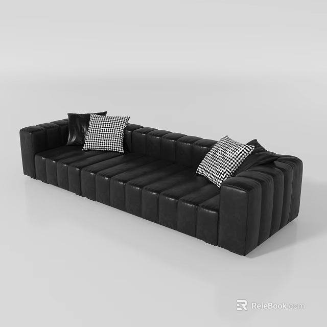Black Leather Sectional Sofa with Black and White Checkered Pillows and Modern Design 3d model 