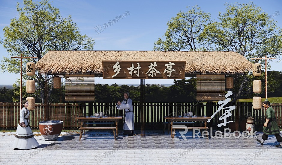 Village Garden Village Tea House Leisure Table and Chair Thatched Pavilion Tea Shed Chinese Rest Station Bamboo Lantern model