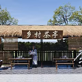 Rural Landscape Featuring Thatched Roof Tea Pavilion With Wooden Tables Benches And Surrounding Trees