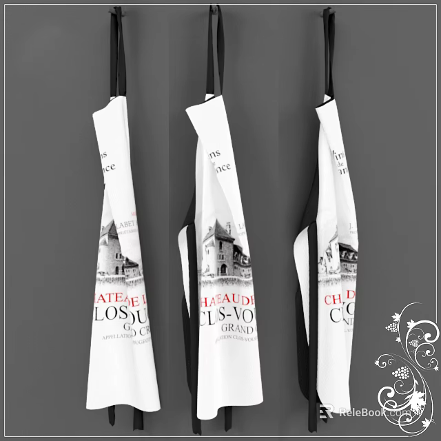 Hanging White Kitchen Aprons With Black Red CHATEAU Lettering And Decorative Patterns 3d model 