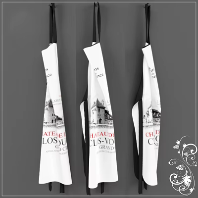 Hanging White Kitchen Aprons With Black Red CHATEAU Lettering And Decorative Patterns 3d model
