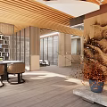 Traditional Chinese Tea House Interior With Wooden Shelves Tea Table And Decorative Plants