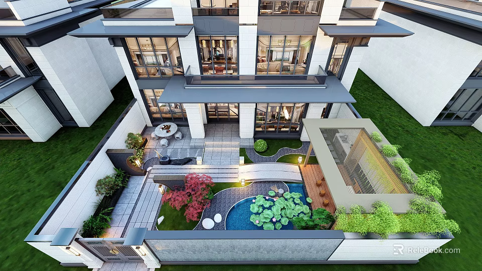 Courtyard Garden Design With Stone Patio Lily Pond Greenery Seating Area And Modern Architecture 3d model 