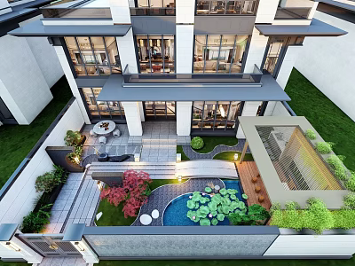 Courtyard Garden Design With Stone Patio Lily Pond Greenery Seating Area And Modern Architecture 3d model