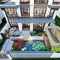 Courtyard Garden Design With Stone Patio Lily Pond Greenery Seating Area And Modern Architecture