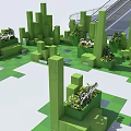 Interactive Area Featuring Green Cubic Structures Plants And Safe Sign By Escalator 3d model