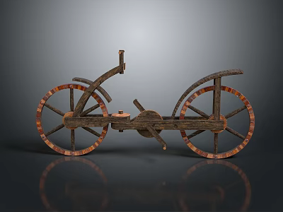 Vintage Wooden Bicycle Design Featuring Spoked Wheels And Ornate Carved Frame Details 3d model