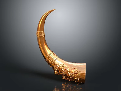 Golden Decorative Horn With Intricate Carved Patterns On Dark Background 3d model