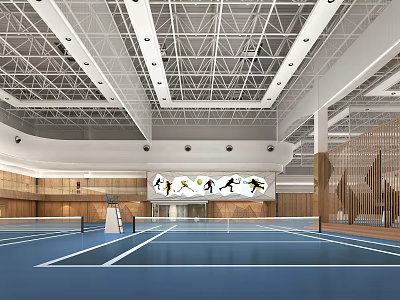 Indoor Sports Gymnasium With Blue Court White Lines Metal Ceiling And Sports Figures On Wall 3d model