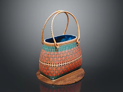 Colorful Handwoven Basket Featuring Animal Patterns With Bamboo Handle On Wooden Base 3d model