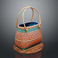 Colorful Handwoven Basket Featuring Animal Patterns With Bamboo Handle On Wooden Base