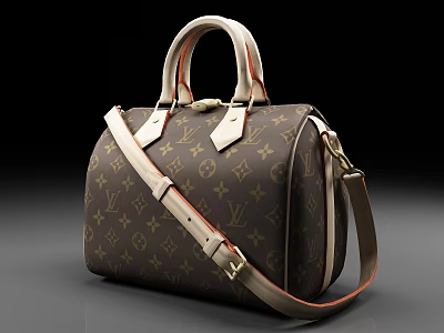 Luxury Designer Handbag With Classic Monogram Pattern Brown Beige Leather Handles And Adjustable Shoulder Strap 3d model