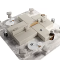 Modern Beige Modular Sofa And Coffee Table Set With Round Tables And Stools 3d model