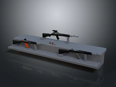 Different Weapons Display On Stand With Three Guns Bullets And Orange Component 3d model