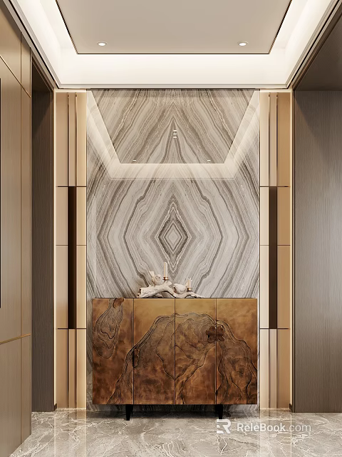 Modern Entryway Console Table With Marble Backdrop Gold Frame And Wooden Cabinet Design 3d model 