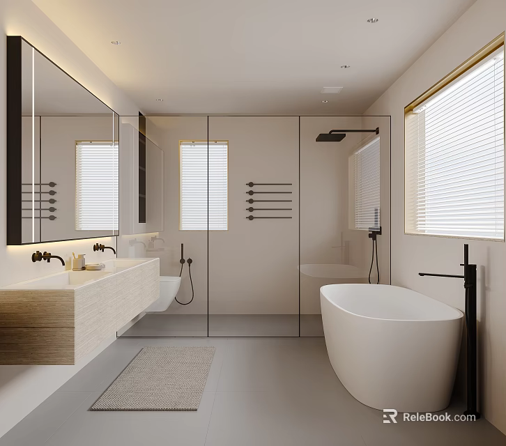 Modern Bathroom Interior With Large Mirror Double Sink Vanity Glass Shower And Freestanding Bathtub 3d model 