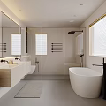 Modern Bathroom Interior With Large Mirror Double Sink Vanity Glass Shower And Freestanding Bathtub