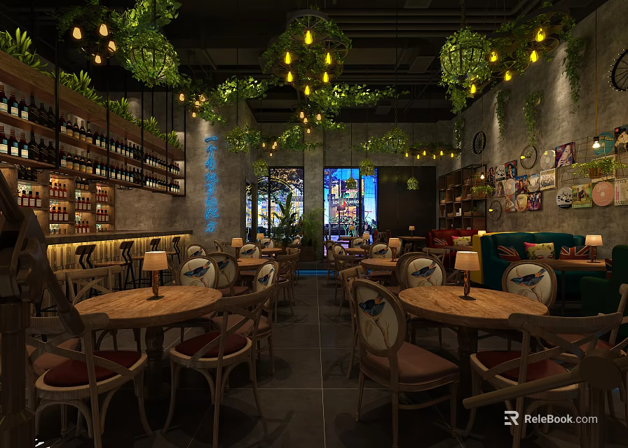 Cozy Restaurant Interior Featuring Wooden Tables Chairs Green Plant Decor Wine Racks Stained Glass Windows 3d model 