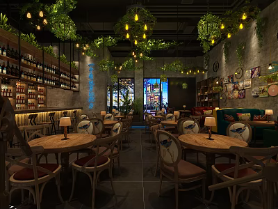 Cozy Restaurant Interior Featuring Wooden Tables Chairs Green Plant Decor Wine Racks Stained Glass Windows 3d model