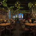 Cozy Restaurant Interior Featuring Wooden Tables Chairs Green Plant Decor Wine Racks Stained Glass Windows