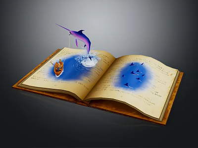 Magical Open Book Featuring Blue Water Small Boat Dolphin and Fish on Pages 3d model