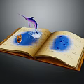 Magical Open Book Featuring Blue Water Small Boat Dolphin and Fish on Pages