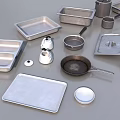 Stainless Steel Kitchenware with Baking Pans Pots Bowls Lids Measuring Cups Neatly Arranged