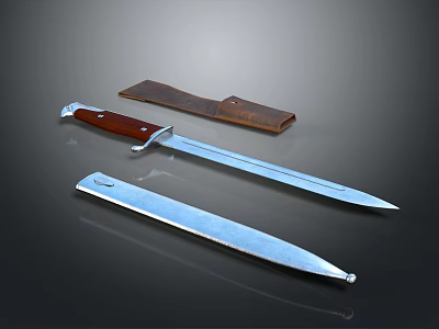 Hunting Weapon Knife With Wooden Handle Brown Sheath And Sharp Metal Blade 3d model