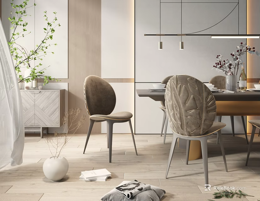 Elegant Dining Table Set With Modern Chairs Hanging Lights And Decorative Plants 3d model