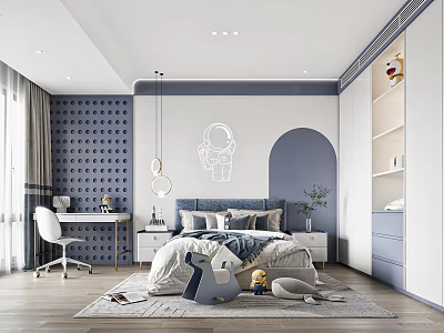 Modern Kids Room Interior With Blue Wall Study Desk Chair Bed Toys And Storage Cabinet 3d model