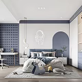 Modern Kids Room Interior With Blue Wall Study Desk Chair Bed Toys And Storage Cabinet