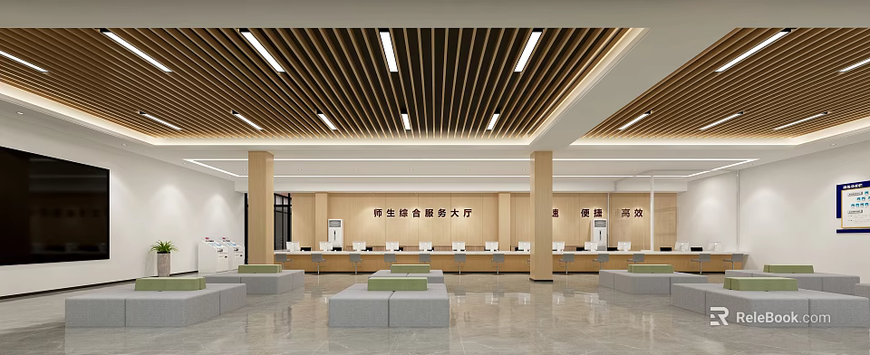 Modern Spacious Recycling Resources Service Hall Interior With Service Counters And Waiting Seats 3d model 
