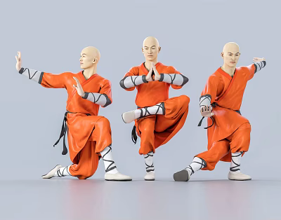 Three men wearing orange robes performing traditional martial arts with dynamic poses 3d model