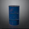 Blue Rusty Oil Barrel On Black Surface With Reflection And Industrial Look