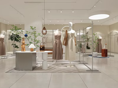 Modern Minimalist Clothing Store Interior With Mannequins Dresses Plants And Decorative Items 3d model