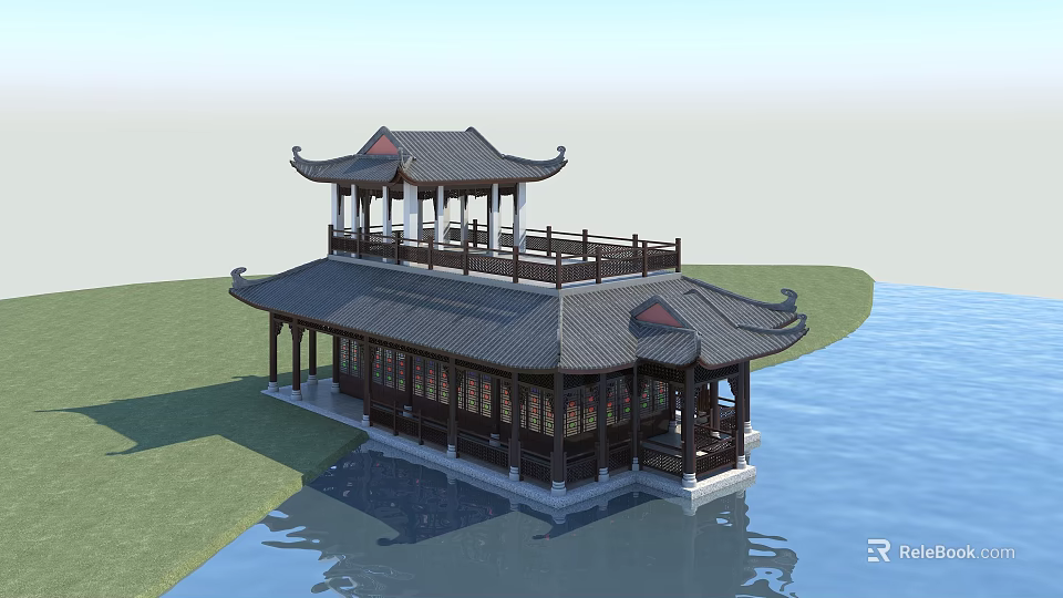 Two Story Traditional Chinese Architecture Waterfront Structure With Wooden Columns Roof And Scenic Water View 3d model 