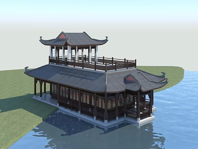 Two Story Traditional Chinese Architecture Waterfront Structure With Wooden Columns Roof And Scenic Water View 3d model
