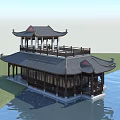 Two Story Traditional Chinese Architecture Waterfront Structure With Wooden Columns Roof And Scenic Water View