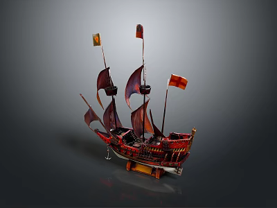 Vintage Sailing Ship Model With Multiple Masts Colored Sails And Decorative Flags 3d model