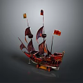 Vintage Sailing Ship Model With Multiple Masts Colored Sails And Decorative Flags