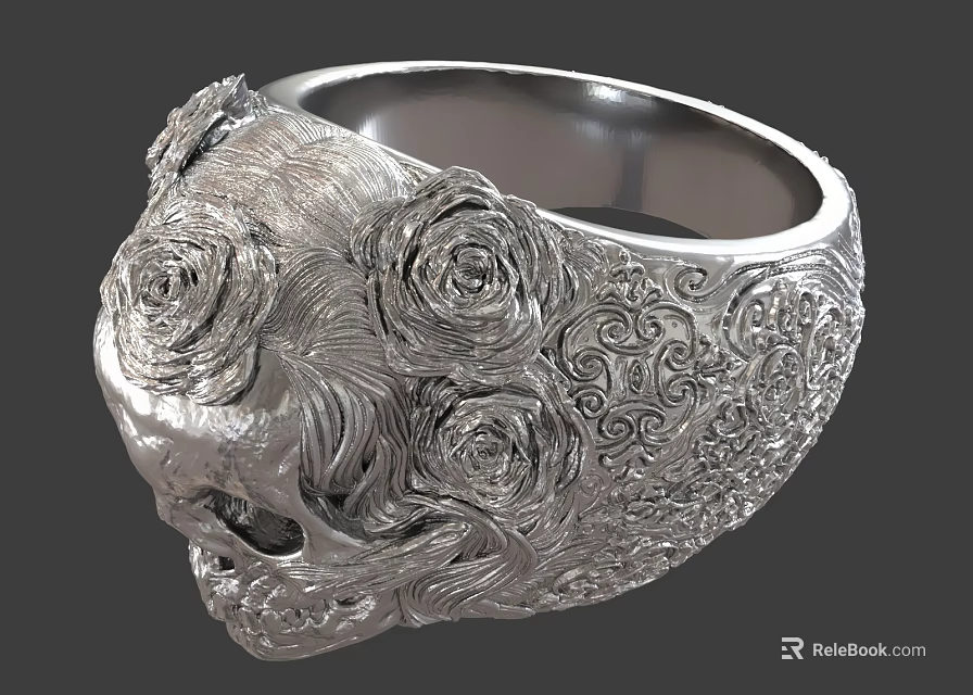 Artistic Silver Bracelet With Carved Skull Roses And Intricate Pattern Design 3d model 